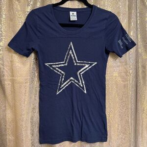 PINK Victorias Secret Blue Silver Dallas Cowboys NFL Sequin Bling T Shirt XS